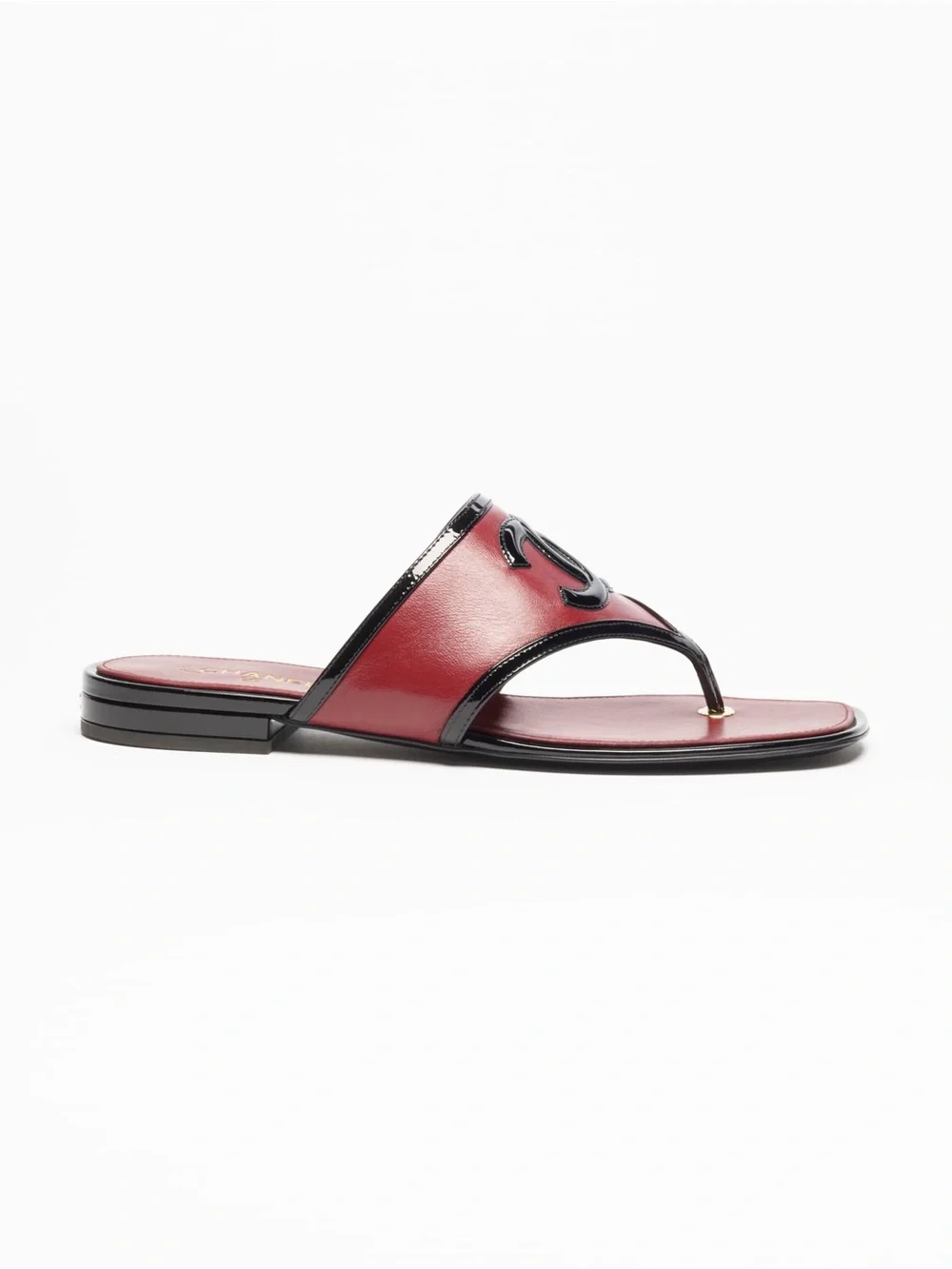 CHANEL Burgundy and Black Lambskin Thong Sandals